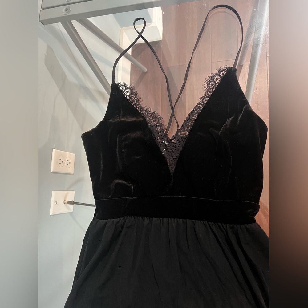 Full length dress with a velvet and lace top detail and sheer bottom